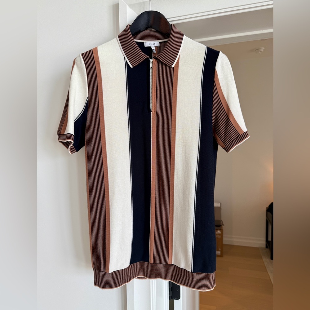 Reiss Men's Polo Shirt - Blue, White, and Brown Stripes